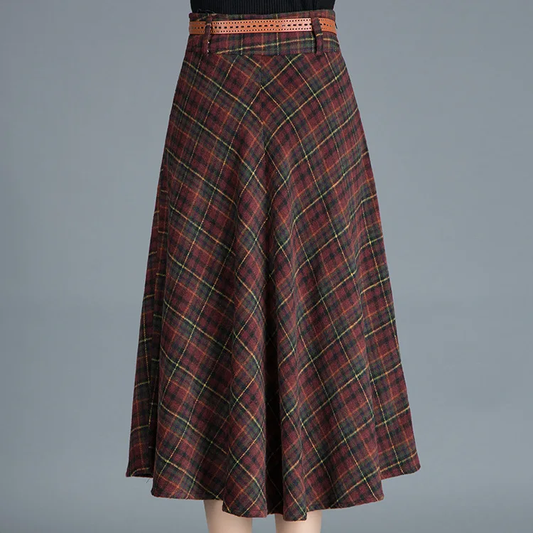 Woolen Skirts Plus size M-4XL Autumn Winter Vintage Plaid Wool Skirt Women Midi Long Elegant A Line Large Size | Женская одежда