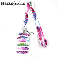 colorful feathers lanyard credit card id holder bag student women travel card cover badge car keychain gifts accessories