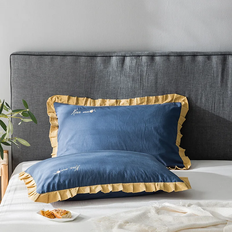 

Lovely Style Washed Cotton Throw Pillow Covers A Pair Embroidery Pillowcase with Pleated Lace Pillow Cases Couch Bed