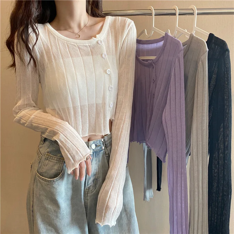 

Casual Knitted Cardigan Crop Tops Fashion Slim Thin Round Collar Long-sleeved See-through Irregular Button Sexy Women's T-shirts