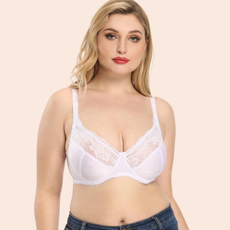 Белый кружевной прозрачный бюстгальтер женский сексуальный с цветочной