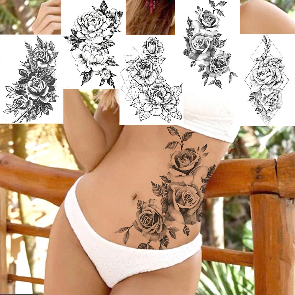 Sketch Flower Temporary Tattoos Sticker Women's Fashion Body Art Arm Wasit Tatoos Fake Black Rose Waterproof Tattoo Decal