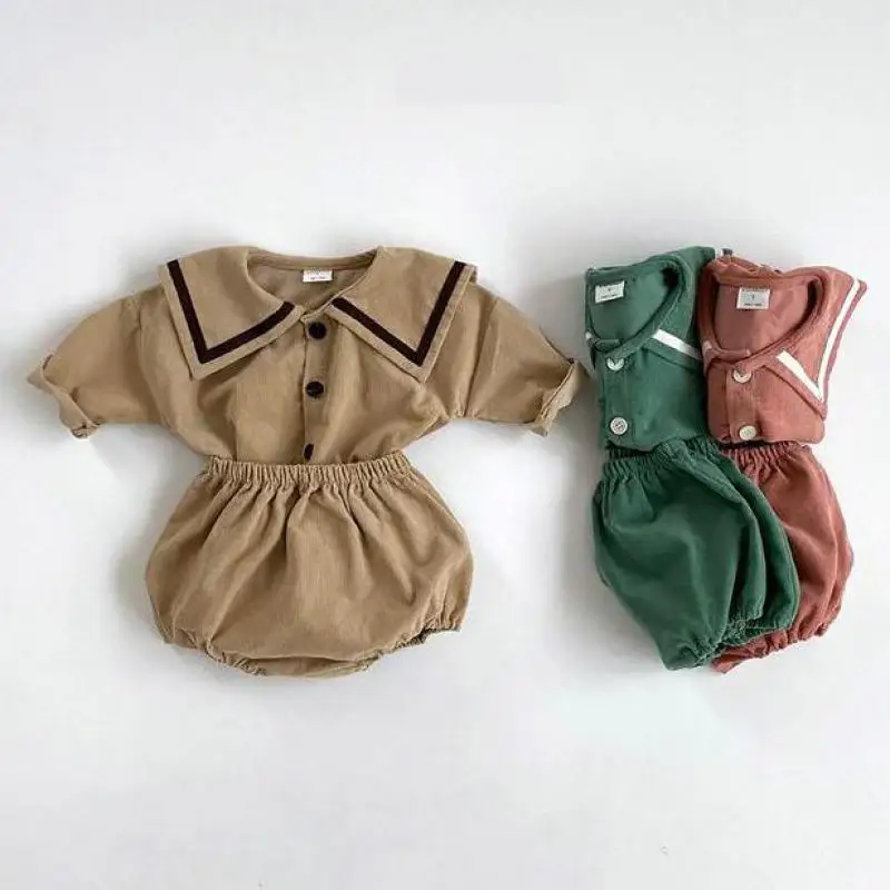 

2020 Newborn Baby Boys Girls Clothes Set Autumn Girls Navy Collar Long Sleeve Tops Shirt+shorts 2pcs Set Cotton Kids Outfits