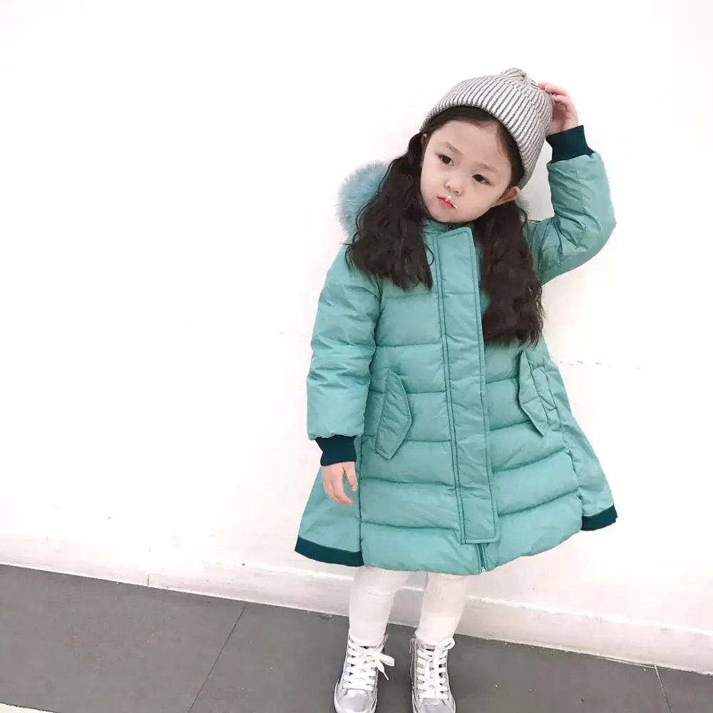 

girls down jacket solid green color fur collar hooded kids down jacket outwear