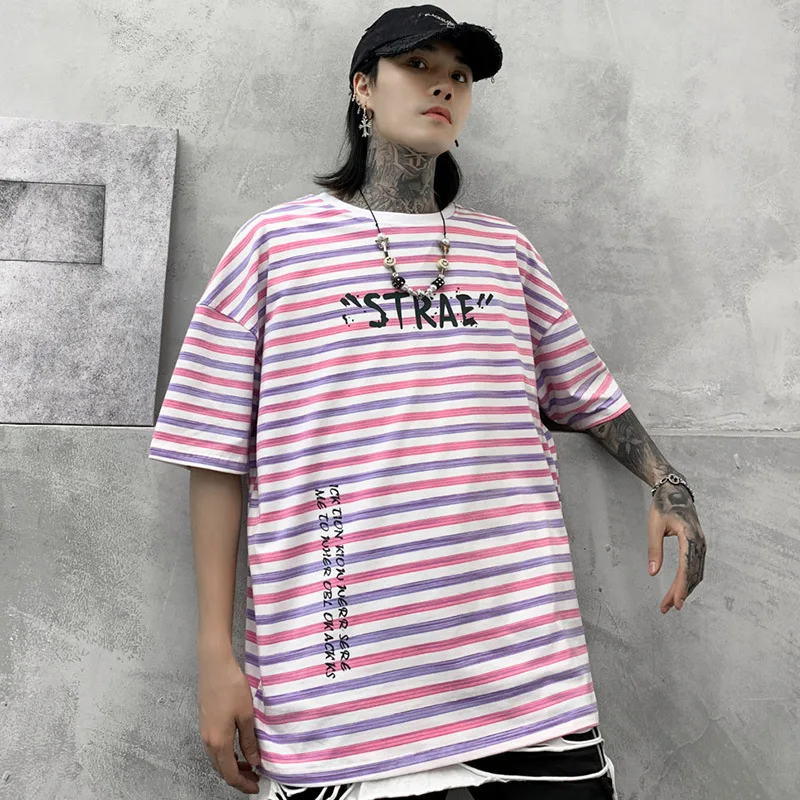 Мужская футболка в стиле Харадзюку хлопковая с коротким рукавом полоску и