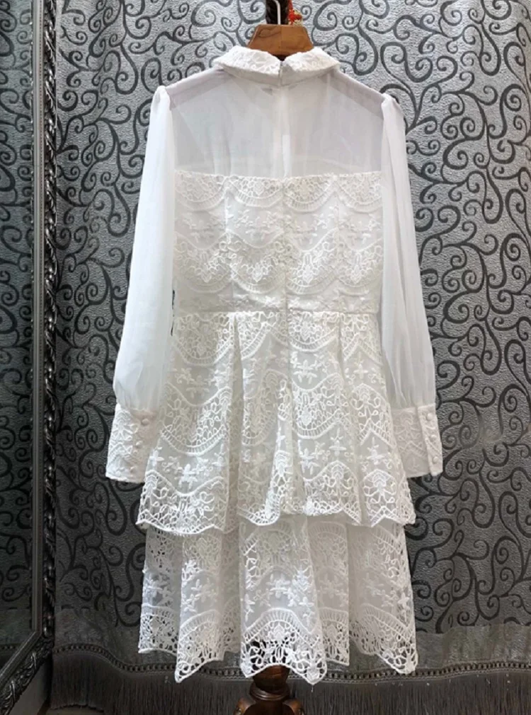 

Top Quality New 2020 Spring Party Evening Women Turn-down Collar Sexy Tulle Mesh Patchwork Long Sleeve Lace Embroidery Dress