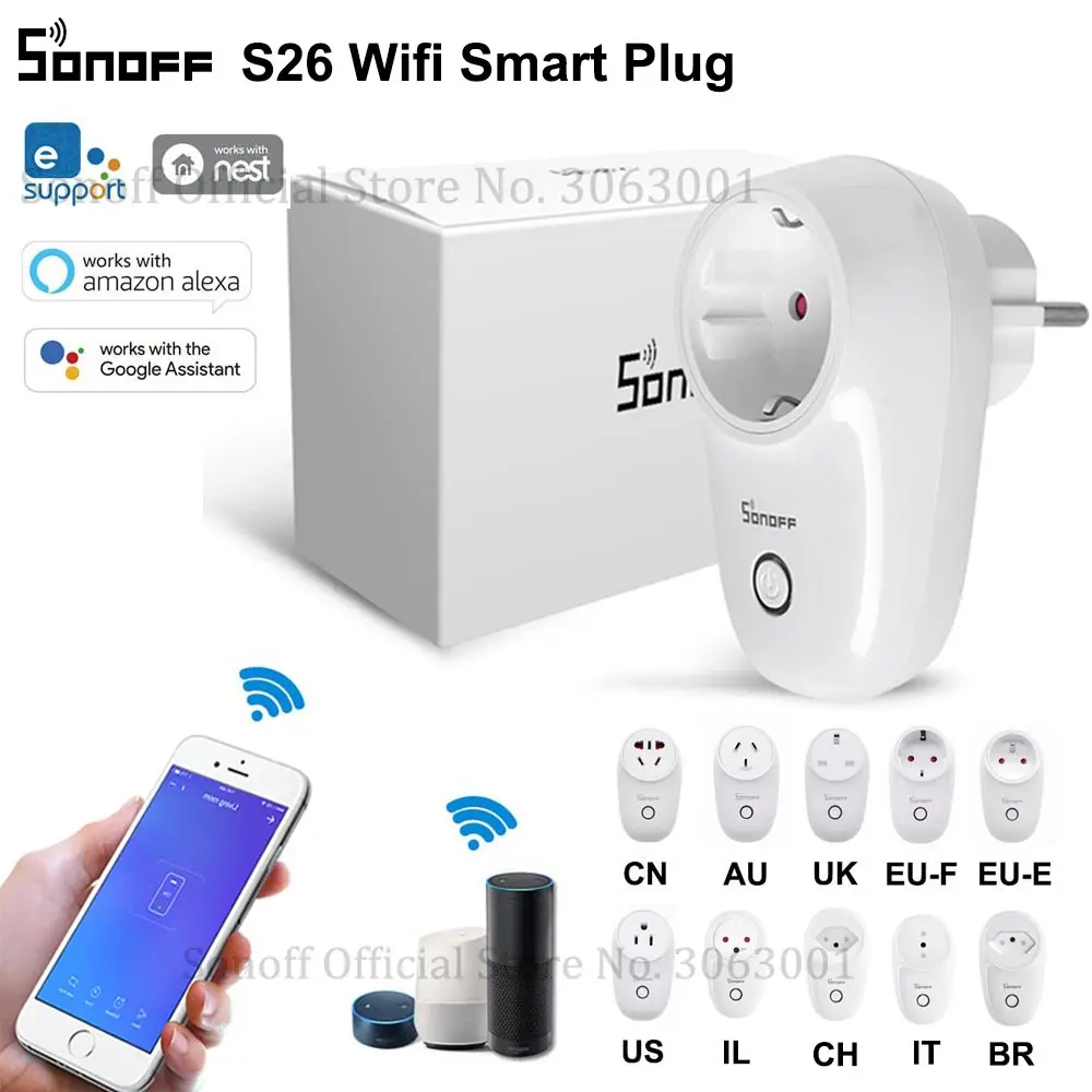 SONOFF S26 WiFi розетка US/UK/CN/AU/EU/IL/CH/IT/BR умные розетки приложение для беспроводного переключателя пульт дистанционного управления для умного дома