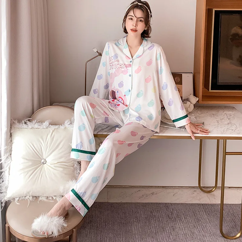 

Lovely Print Women 2PCS Sleepwear Satin Silky Shirt&Pants Long Sleeve Pijamas Suit Femme Lapel Trousers Suit Pyjamas Pour