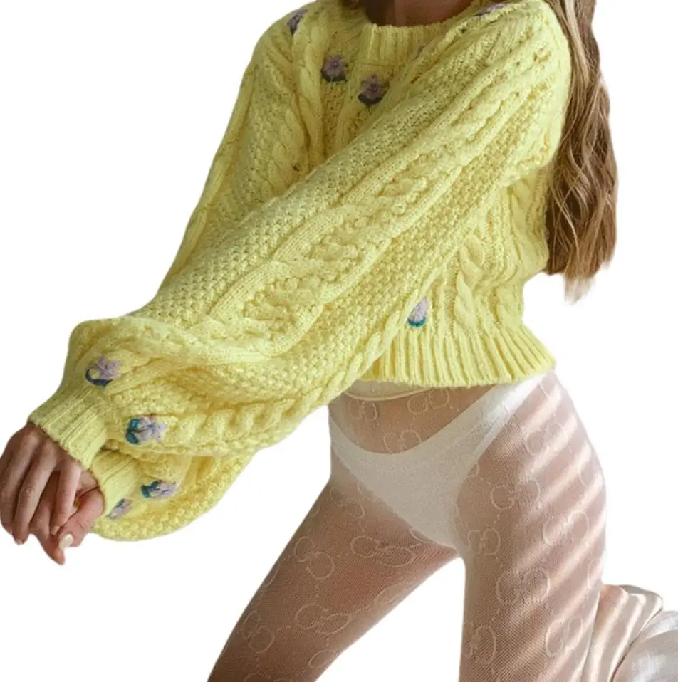 

Young Girls Winter Fall Round Neck Long Lantern Sleeve Sweaters Ladies Floral Embroidery Pattern Cable Knit Loose Pullover Daily
