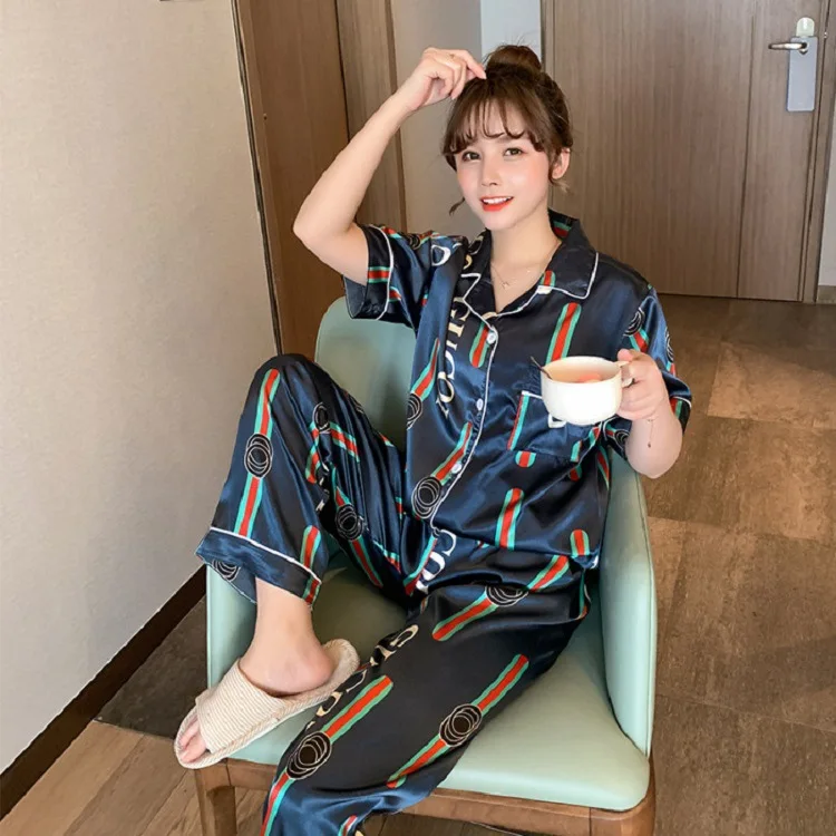 Summer Pajamas Women's Ice Thin Loose Comfortable Home Wear Fashion Short Sleeve Trousers Nightwear Suit Sleepwear Letter