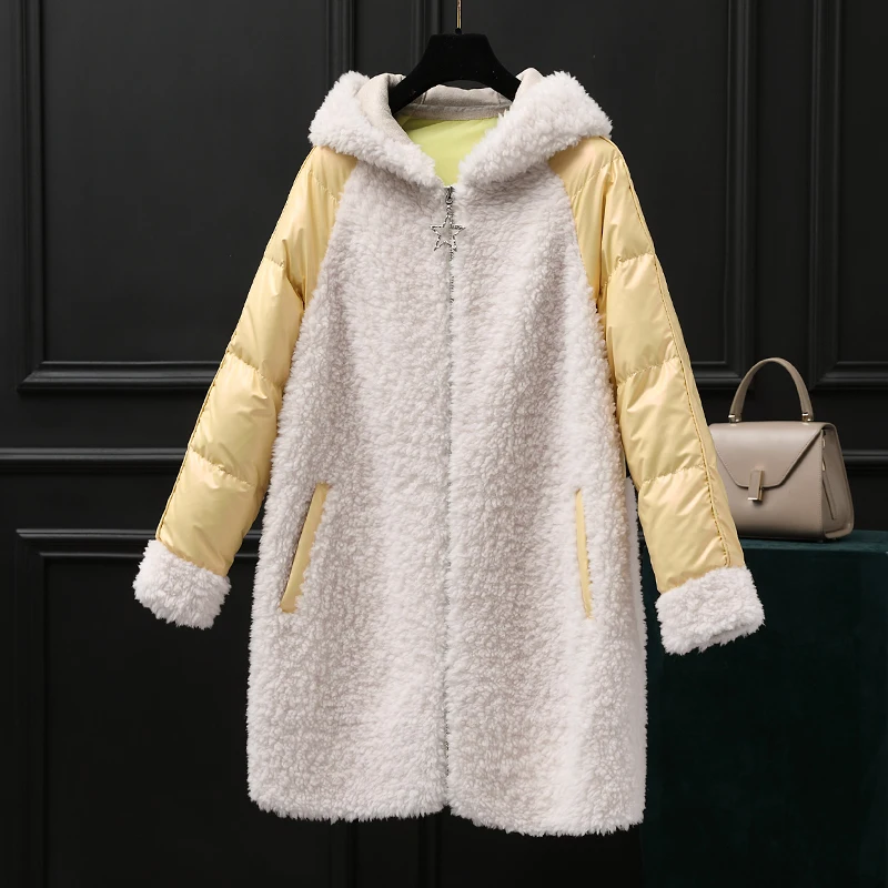 Real Fur Coat Female Winter Sheep White Duck Down Jacket Women Korean Long Shearing Coats Vintage Wool Tops 6830 | Женская одежда