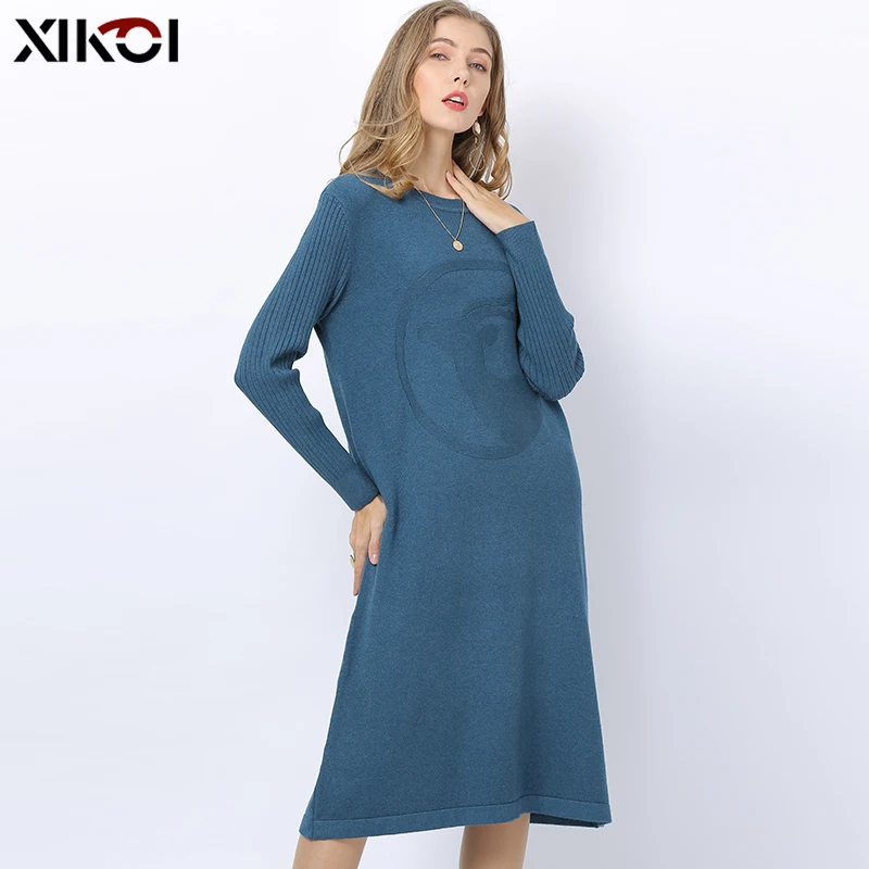 XIKOI Autumn Winter Solid Knitted Sweater Dresses Women Cute Deer Print Loose O-neck Pullover Female Vestidos Feminino | Женская одежда