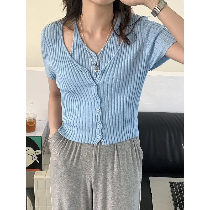 

Свитер с коротким рукавом и имитацией двух предметов, женская рубашка, лето 2021, Корейская версия, тонкая однотонная короткая куртка y2k, топ с ...