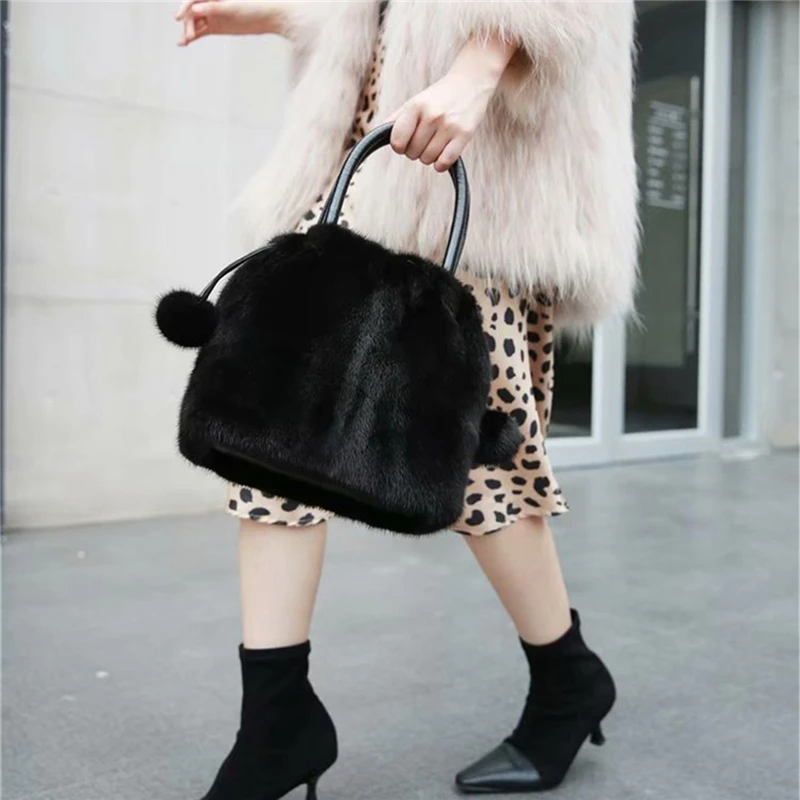 Женская наплечная сумка IANLAN из натуральной кожи и меха норки с ручкой сверху IL00548