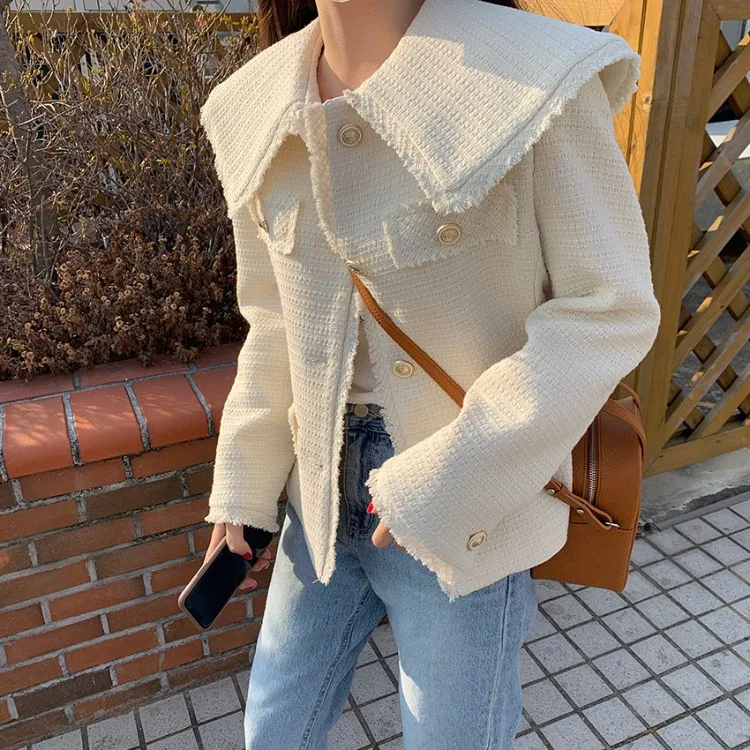 

Sweet Style Cute Turn-down Collar Single-breasted Short Jacket With Pockets Womens Casual 2021 New Solid Color Loose Outerwear