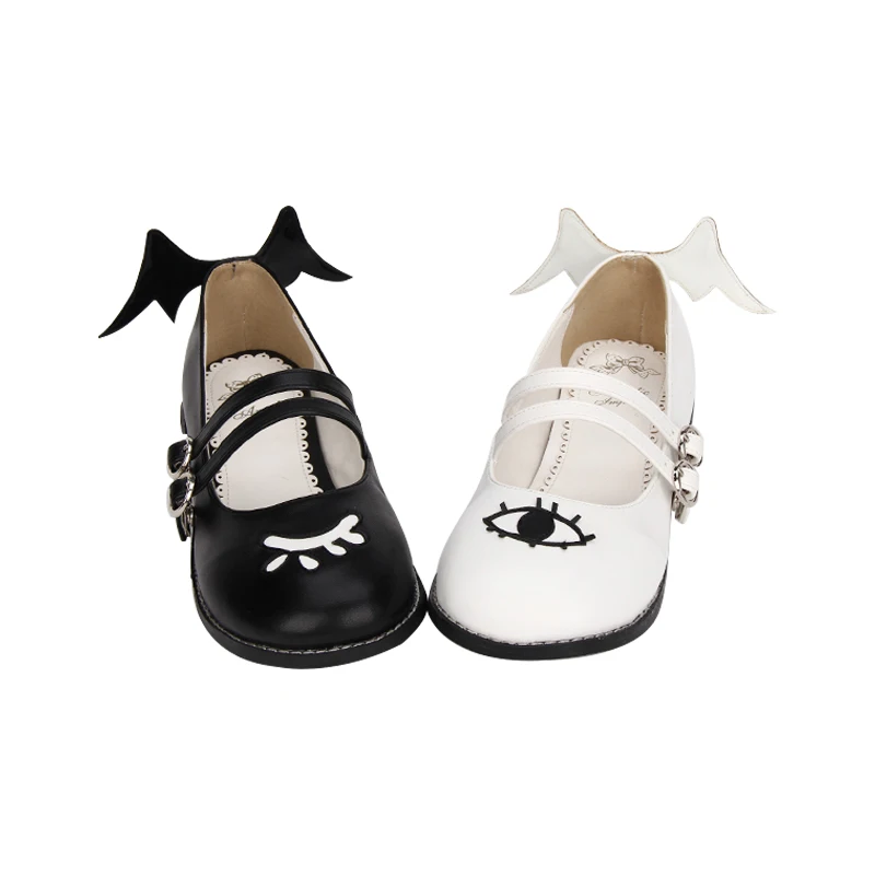 

LOLITA Japanese sweet round head shallow mouth strap round buckle devil angel wings kawaii shoes cosplay loli women shoes