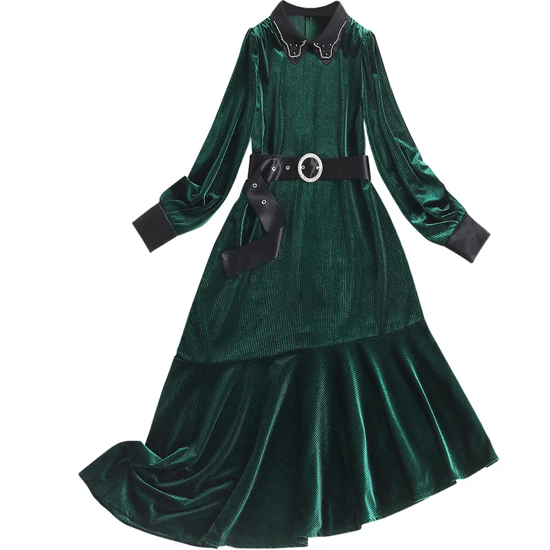 

AELESEEN Fashion Winter Velvet Dress Designer High Quality Full Sleeve Beading Belt Irregular Warm Long Elegant New Year Dress