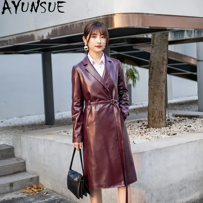 AYUNAUE Genuine Leather Jacket Women Long 100% Sheepskin Coat Spring Autumn Windbreaker Real Leather Jackets Chaqueta Mujer 9620