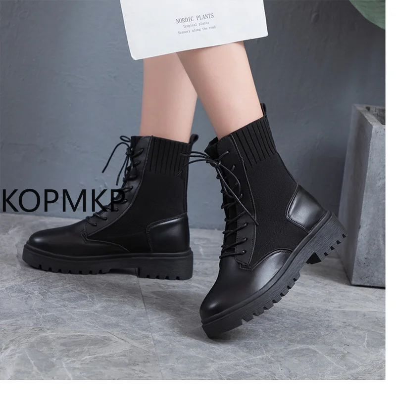 

New Plus Size Leather Women's Platfom Black Ankle Boots Fashion Women Winter Warm Chunky Shoes Lady Casual Footwear