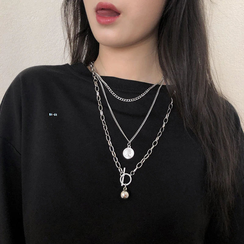 

Beauty Head Coin Metal Ball Street Shooting Sweater Chain INS Net Red Cold Wind Harajuku Hip Hop Three-layer Necklace