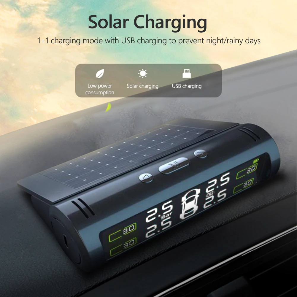 

Car Safety Protection Accessaries Supplies Car TPMS Solar + USB Charging Tire Pressure Monitoring Temp Alarm System
