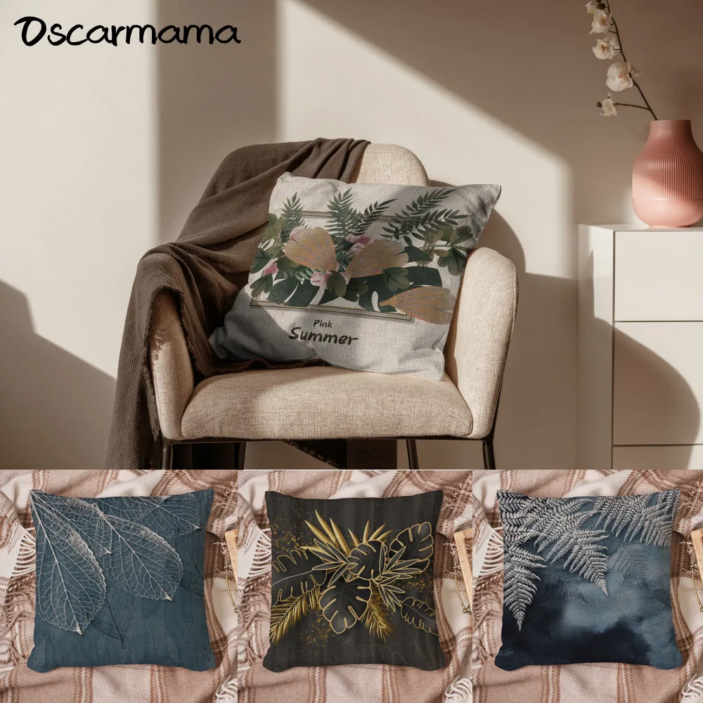 

Golden Sliver Leaves Black Blue Sofa Sitting Decor Car Seat Spring Summer Autumn Linen Pillow Case 45*45 Cushion Cover 40*40