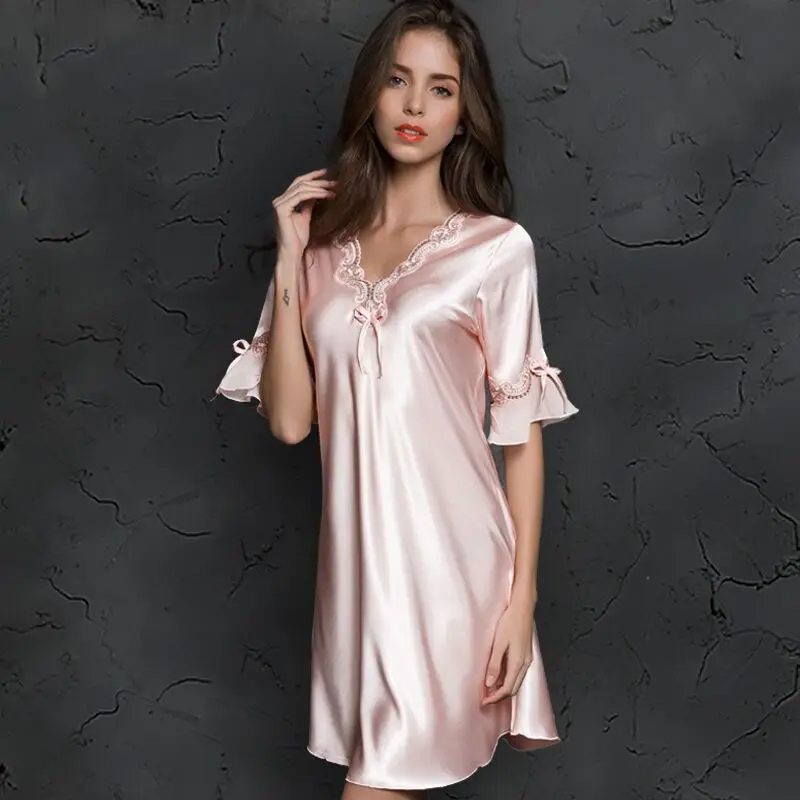 

V-neck Sleepdress Korean Version Ice Silk Short Sleeve Lace Skirt Home Nighty Sexy Sleepwear Women Silk Lingerie Sleeping Dress