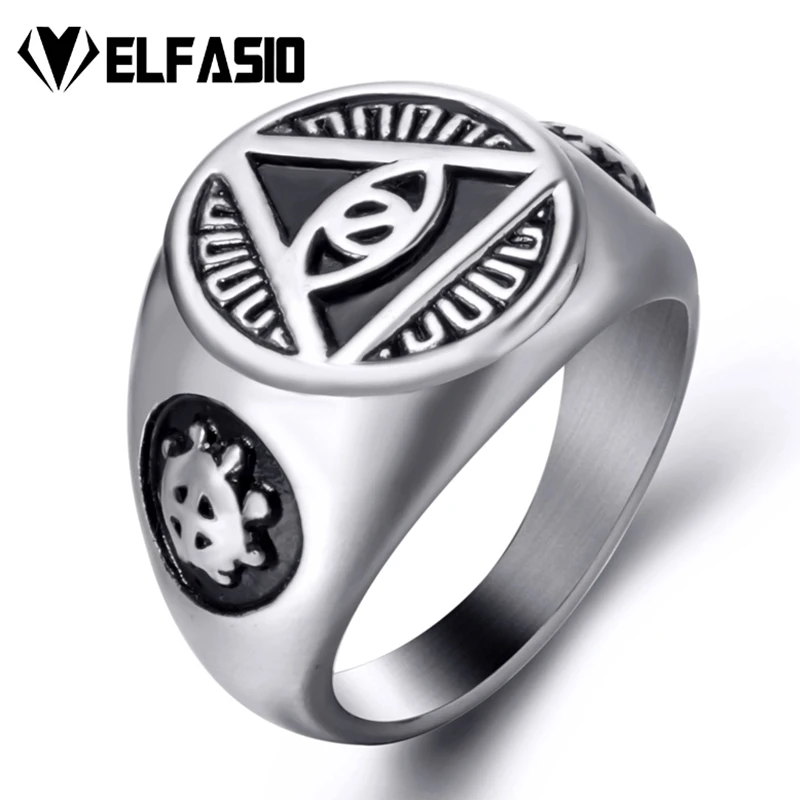 

Elfasio Mens Stainless Steel Ring Illuminati The All-seeing-eye Illunati Pyramid/eye Masonic Symbol Vintage Jewelry Size 7-15