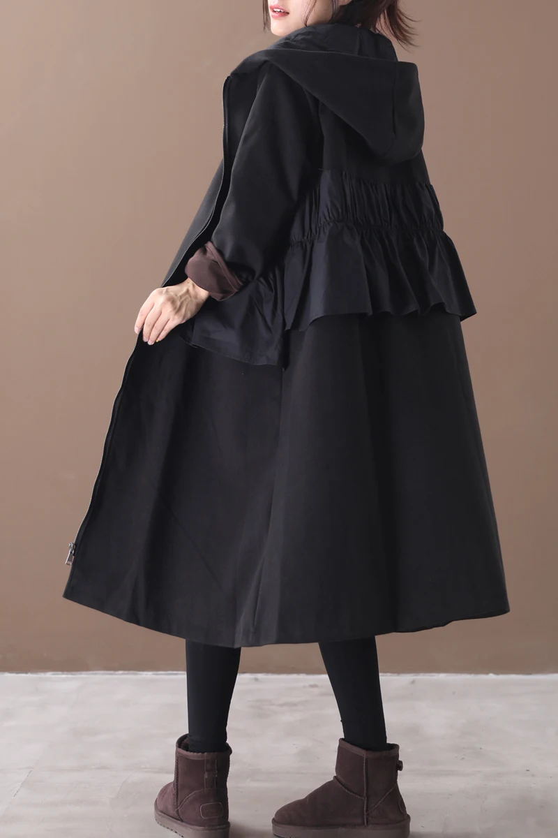 Black female new autumn and winter plus size korean style outerwear literary ruffled stitching hooded with velvet loose trench - Цвет: Black