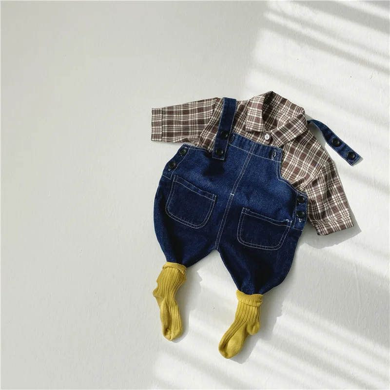 

2021 Spring New Kids Baby Clothes Set Boys Long Jeans + Plaid Shirts 2pcs Infant Toddler Girls Denim Overalls Set Trousers