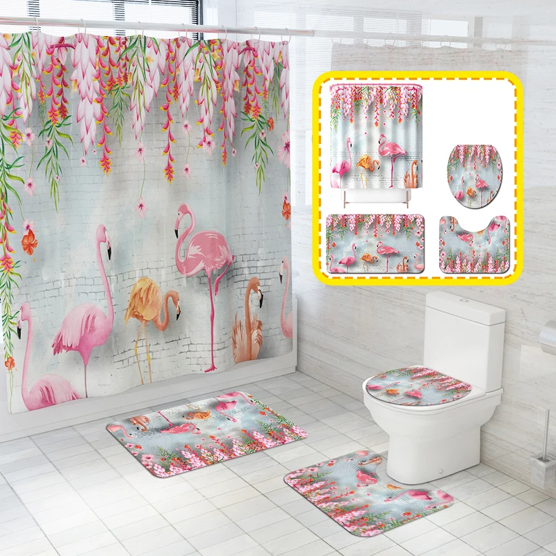 

Flamingo Flower Polyester Print Waterproof Shower Curtain Toilet Lid Bathroom Non-Slip Absorbent Bath Mat Carpet Home Decor Set