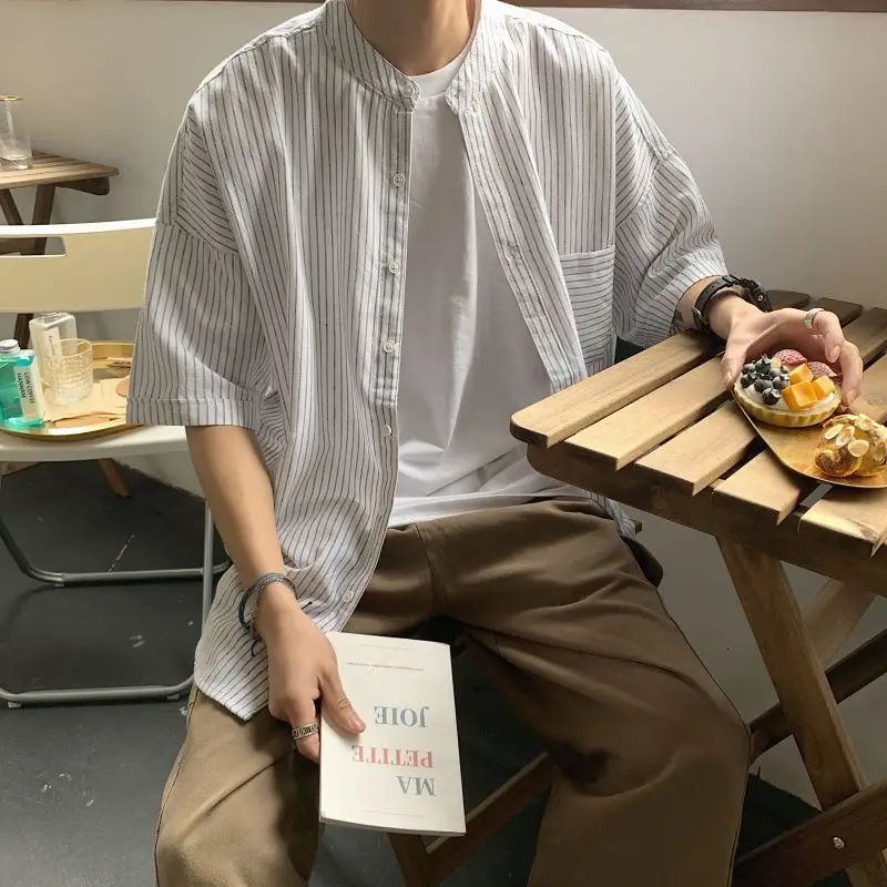 

Men's short-sleeved shirts 2021 summer new style pure stand-up collar pattern loose casual middle-sleeved shirt campus youth men