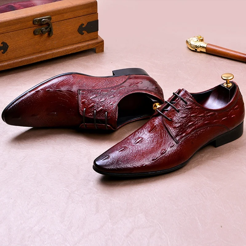 

New Elegant Genuine Leather Men's Handmade Formal Dress Oxfords Pointed Toe Laces Man Derby Alligator Pattern Party Shoes FWL128