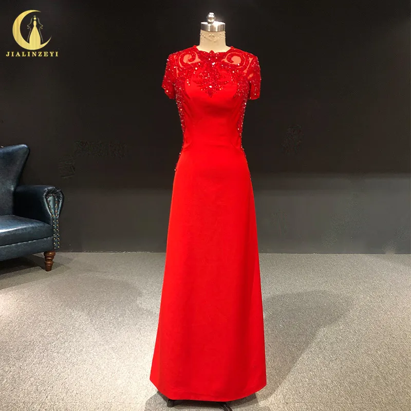 

Rhine Real picture Elie Saab Red Crystal Short Sleeves Satin Floor Length evening dress long formal dresses 2021