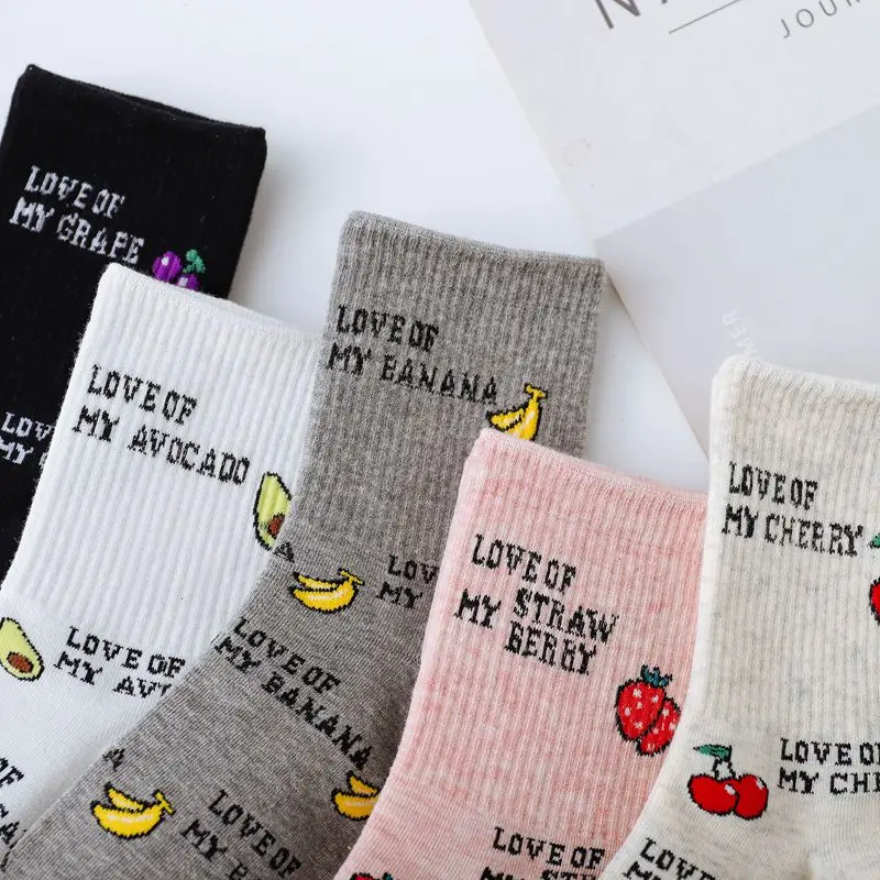 5 pairs Cartoon Cotton Socks Avocado Strawberry Banana Cherry Street Skate Sox Pink White Ankle Short Funny Women Boat Socks