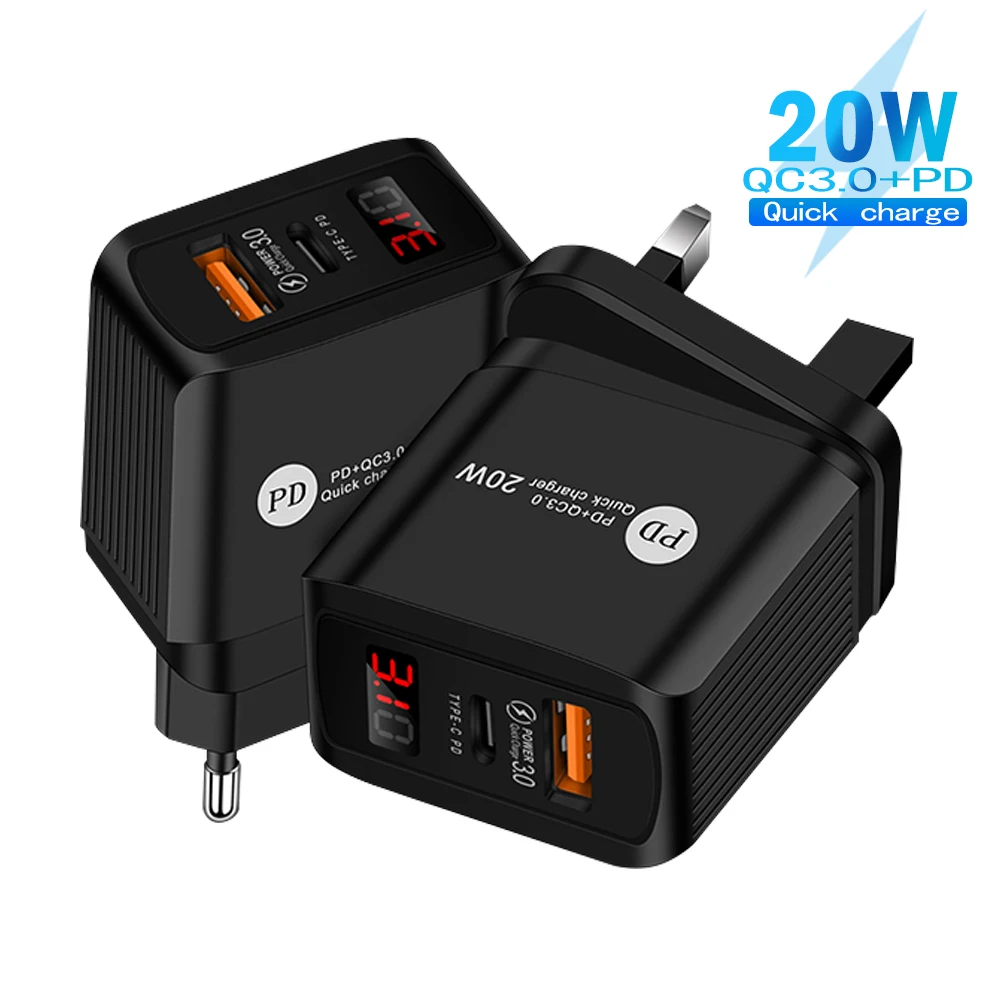 

20W PD Quick Charge Type C USB Charger LED Display QC3.0 Fast Wall Charger Mobile Phone Charger For iPhone Samsung Huawei Xiaomi