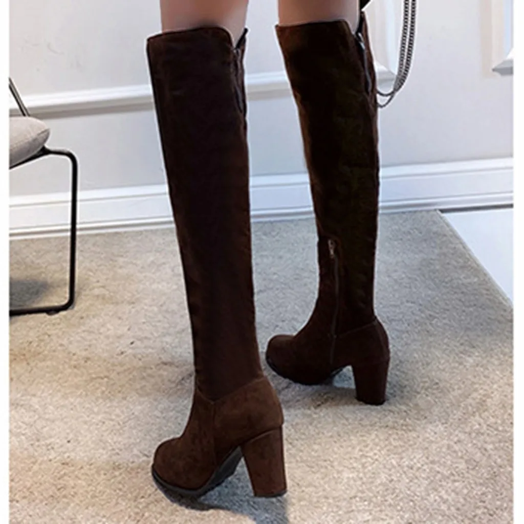 Высокие сапоги из эластичной ткани и замши женские модные зимние выше колена на