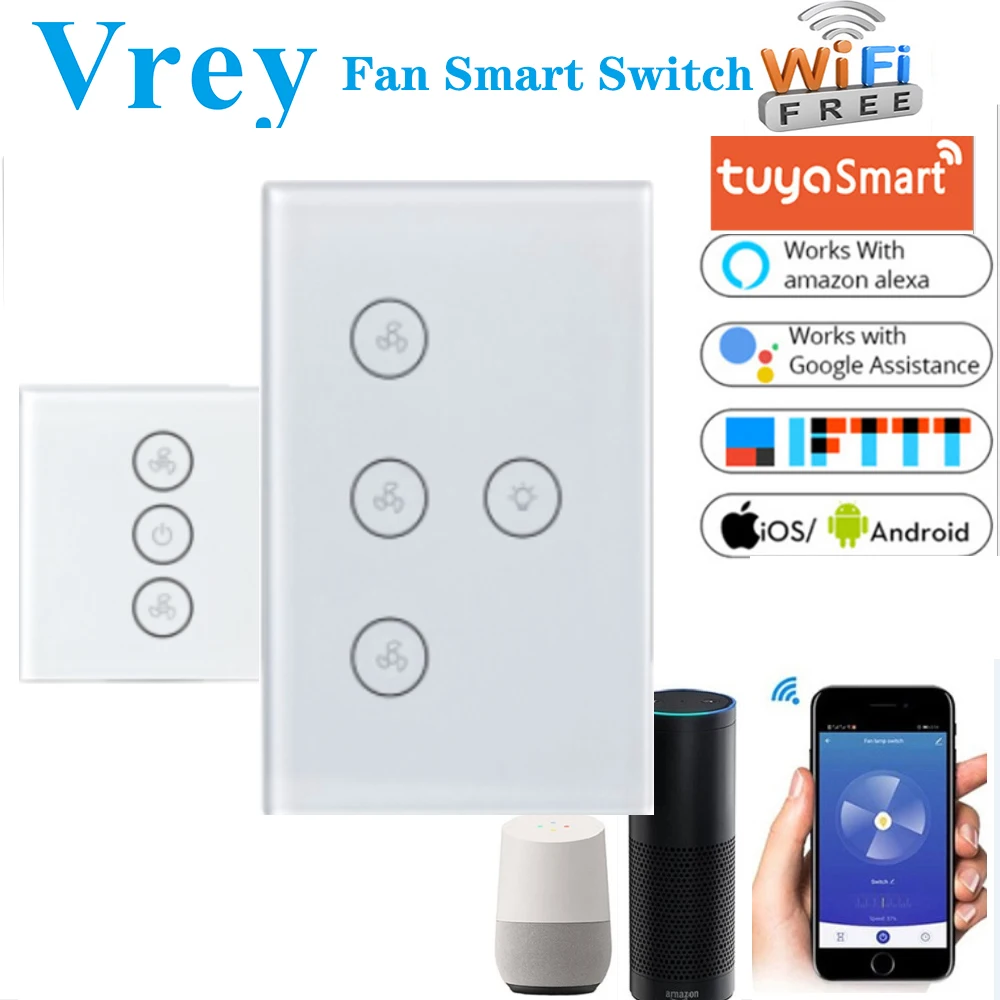 EU US WiFi Smart Fan Switch Alexa Google Home Smart Ceiling Fan Switch Speed Group Control Speed Regulation Home Wall Fan Switch