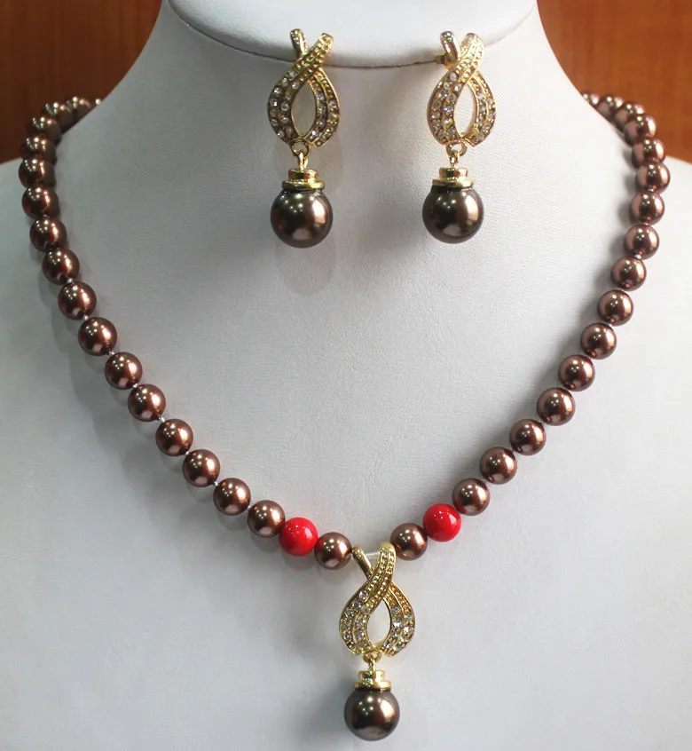 

Wholesale8mm coffee pearl lady's necklace14mm pearl earring and necklace pendant jewelry set