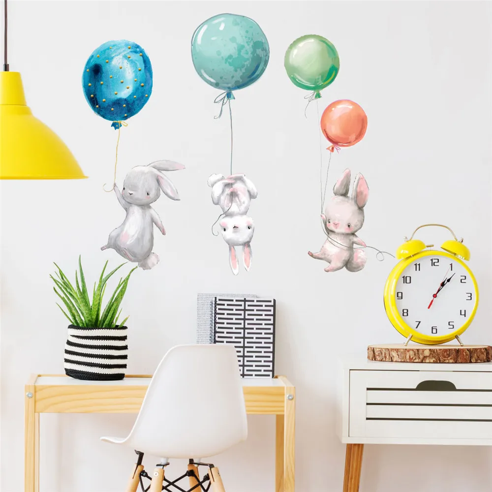 

Colorful Balloon Rabbits Wall Stickers Grey Rabbits for Bedroom Living Room Kids Room Nursery Decoration Wall Decal Home Decor
