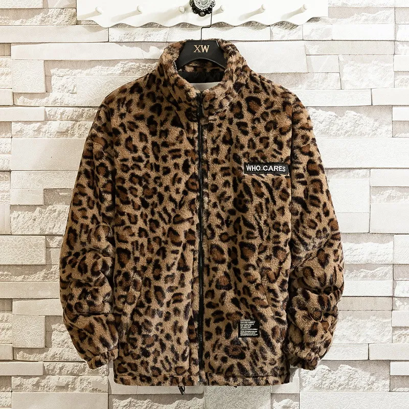 

Korean Version Of Chic Retro Leopard Lamb Wool Coat Jacket Men Winter Loose Stand-Up Collar Thick Warm Plush Cotton Coat B01