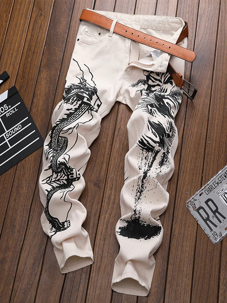 

European American Autumn Hot Sale Men's Fashion Print Jeans Slim Casual Trends Trousers Hip Hop Streetwear Denim Pants