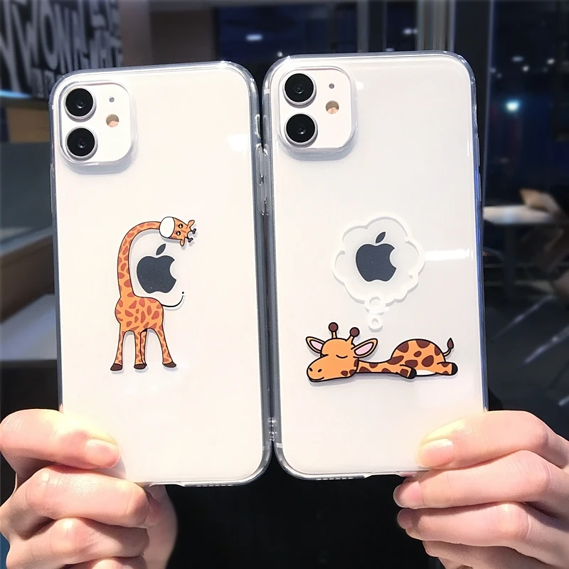 Cute Cartoon Animal Giraffe Transparent Phone Case For iPhone 14 Pro Max 13 12 11 X XS XR 7 8 Plus Couple Clear Soft TPU Cover