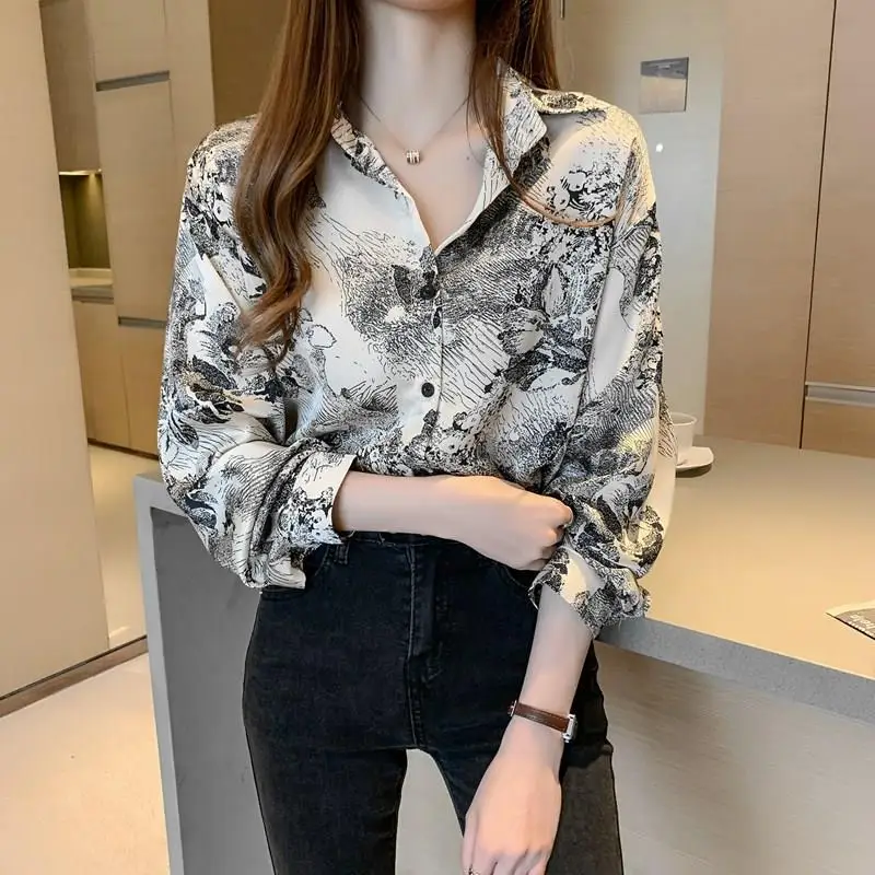 

XEJ Ink Style Chiffon Blouse for Women Spring 2021 Women's Clothing Tops for Women Korean Fashion Elegant Blouse Shirt Female