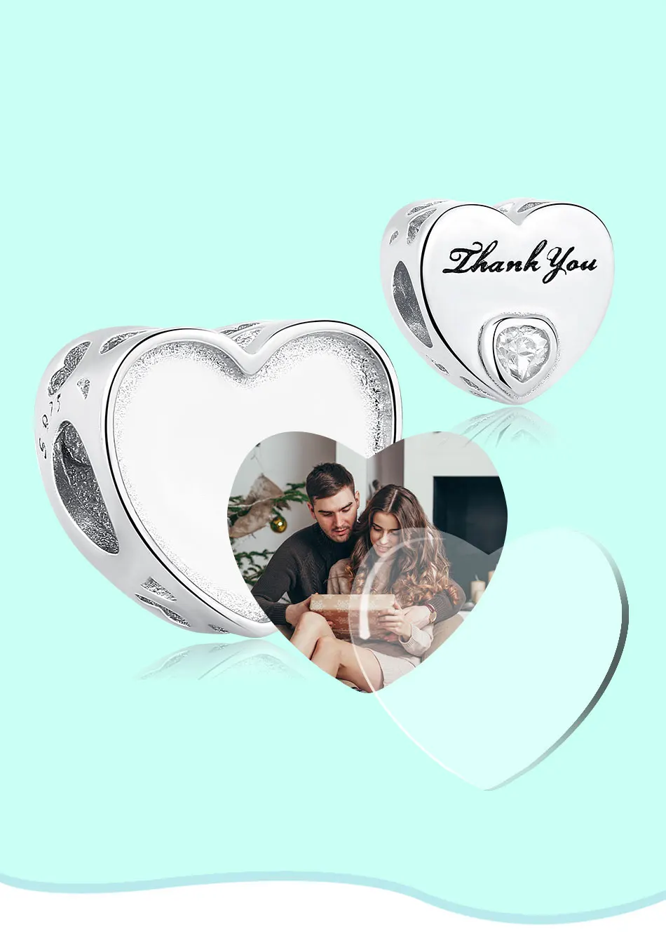 Sterling Silver 925 Heart CZ Charms DIY Thank You Customize Photo Beads Fit Original Charm Bracelet Silver 925 Jewelry Making