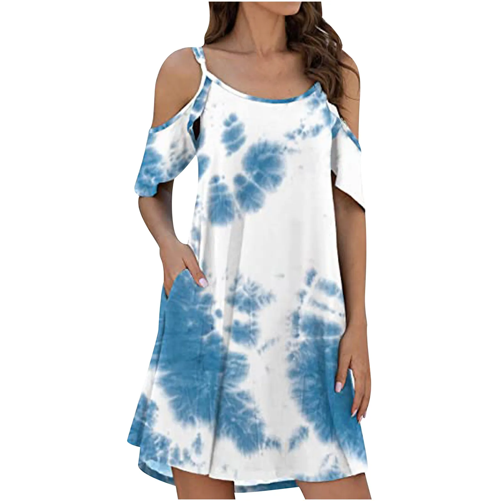 

summer dress 2021 Fashion Women Tie-dye casual dress O-Neck Casual Pinting Pockets Short Sleeve Above Knee Mini Dress #79