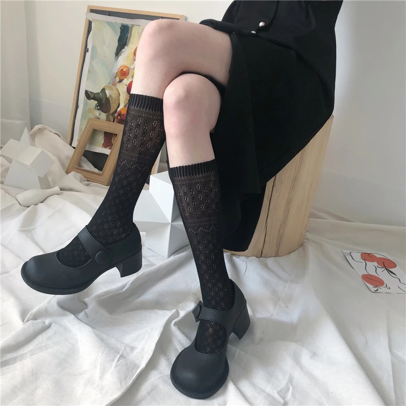 

Hollow Out Lace Long Socks Vintage Elegent Knee Length Socks Ladies Transparent Sox 2pairs