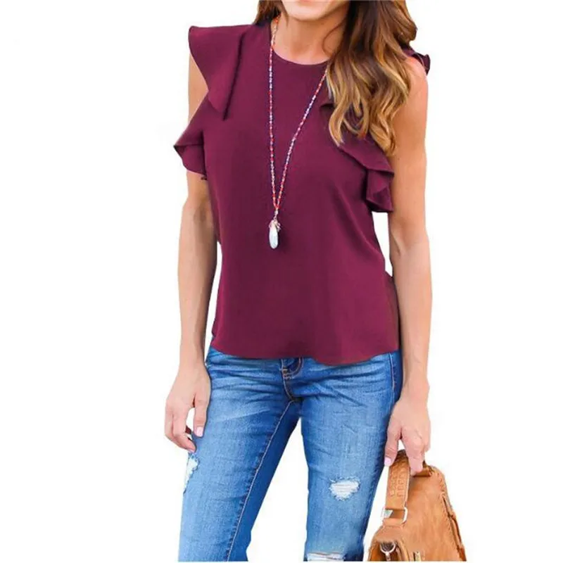 

Women Elegant Solid Color Ruffle Blouse Shirt 2021 Summer O Neck Pleated Blusa Lady New Casual Sleeveless Tops Blusa