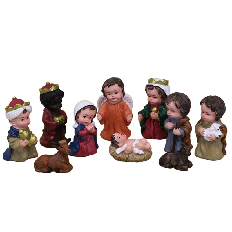 

10PCS Belen De Navidad Resin Religious Nativity Figurine Jesus Born Manger Group Mini Children Series Christmas Church Gift