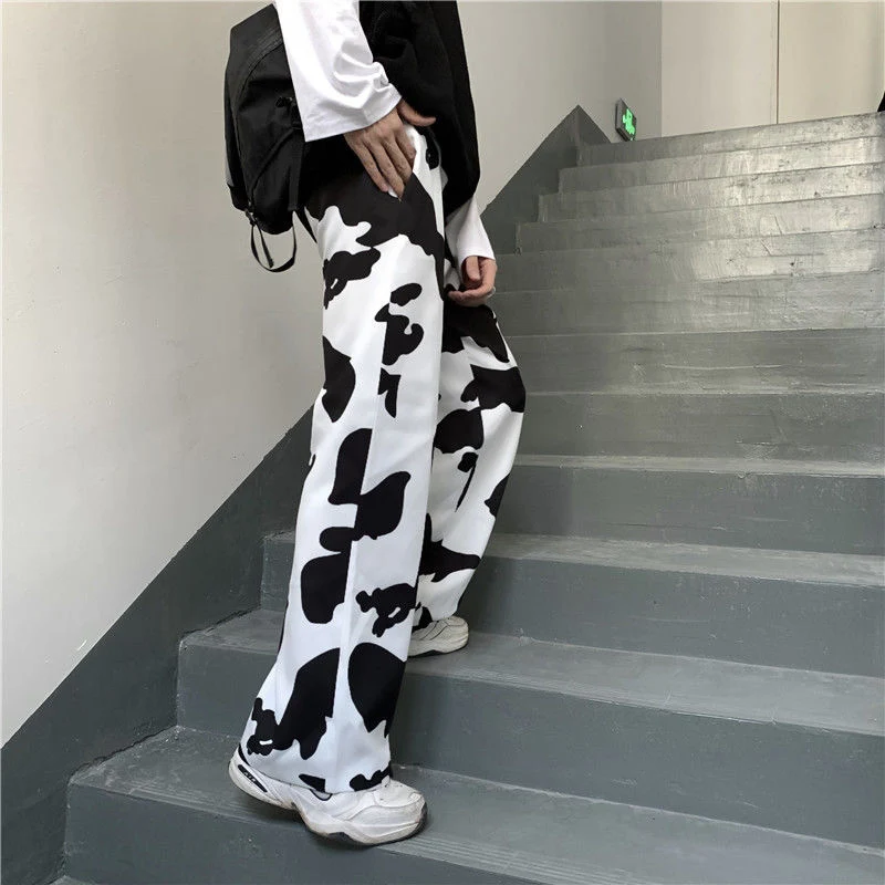 

Unisex Retro-Style Straight Wide Leg Trousers Cow Print Trousers Overalls For 2021 New Fashion PR Sale